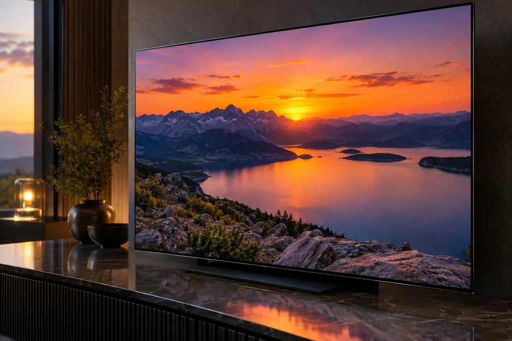 OLED-Fernseher mit einem farbigen Sonnenuntergang über einem Bergsee.