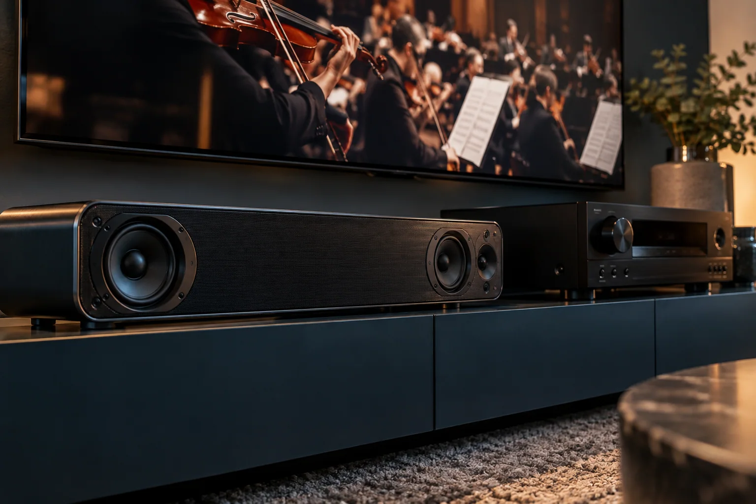 Lautsprechertreiber einer Soundbar vor einem Fernsehbild mit Orchesterinstrumenten.