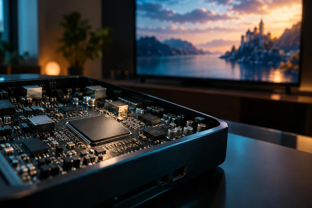 Nahaufnahme eines Videoprozessors auf einer Platine vor einem unscharfen Fernsehbild.