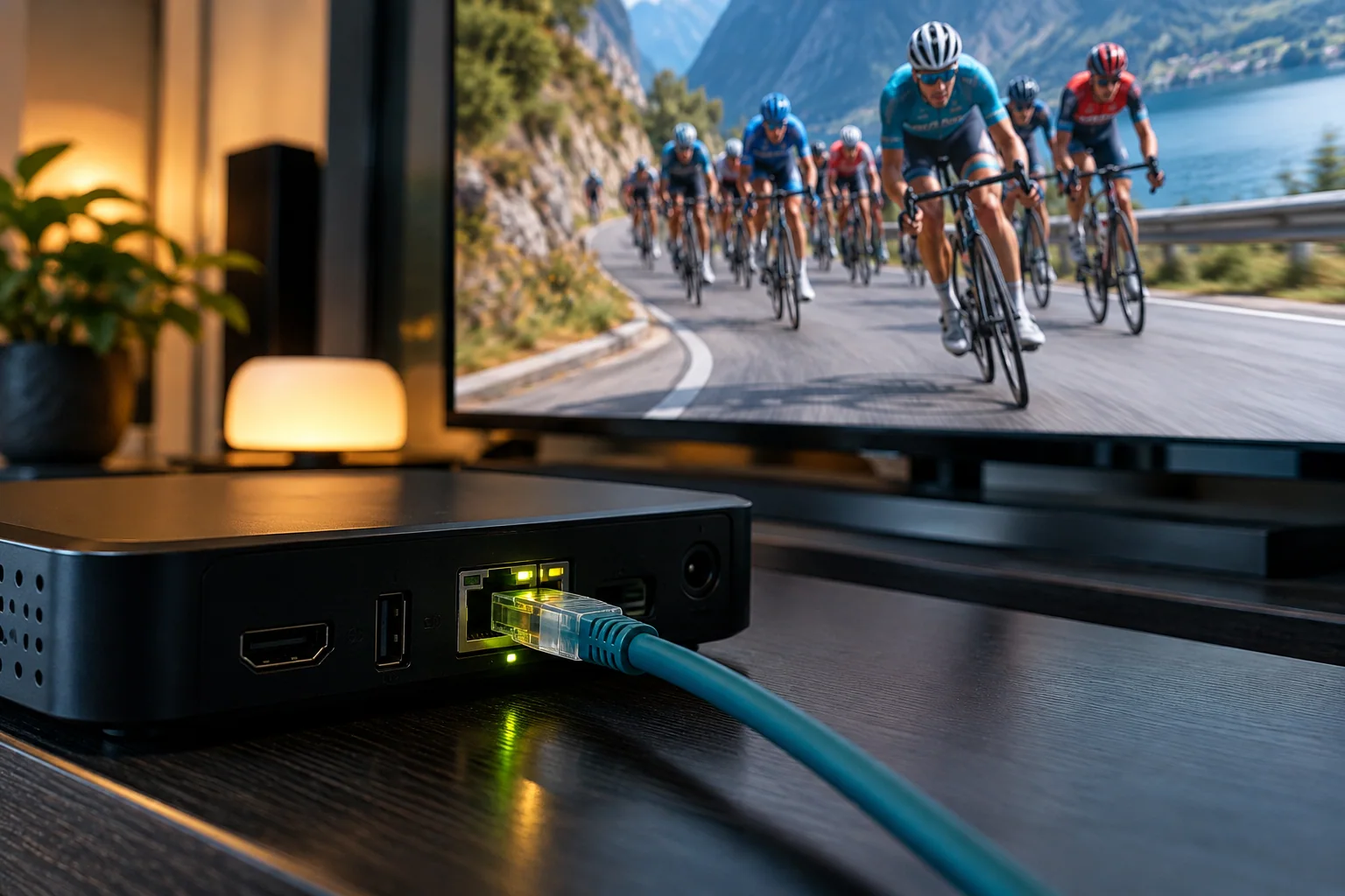 Netzwerkanschluss einer TV-Box vor einer unscharfen Radsportszene.