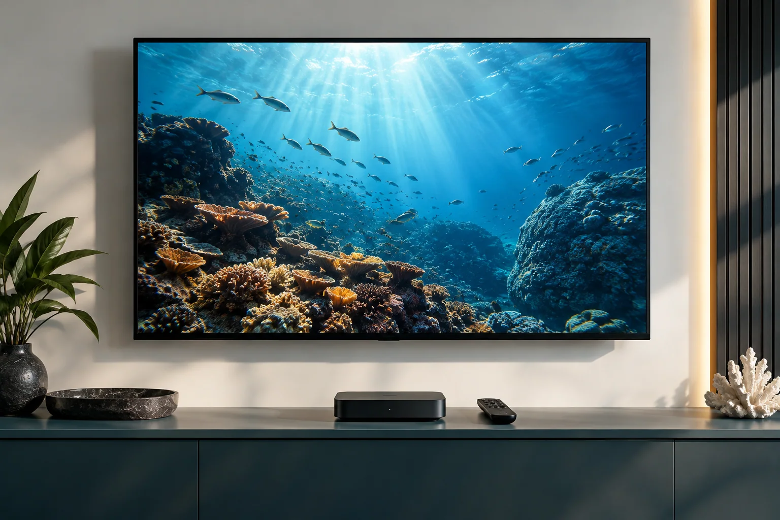 Kompakter Medienrechner unter einem Fernseher mit Unterwasseraufnahme.