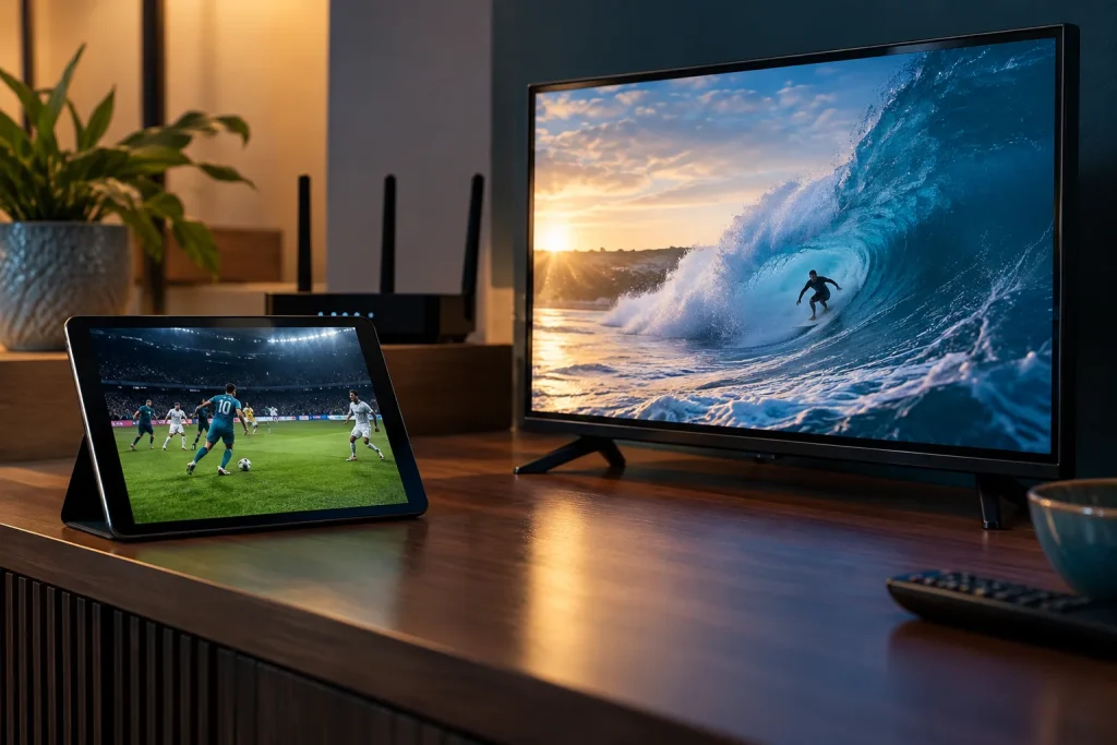Tablet und Fernseher mit einer Sportszene neben einem WLAN-Router.