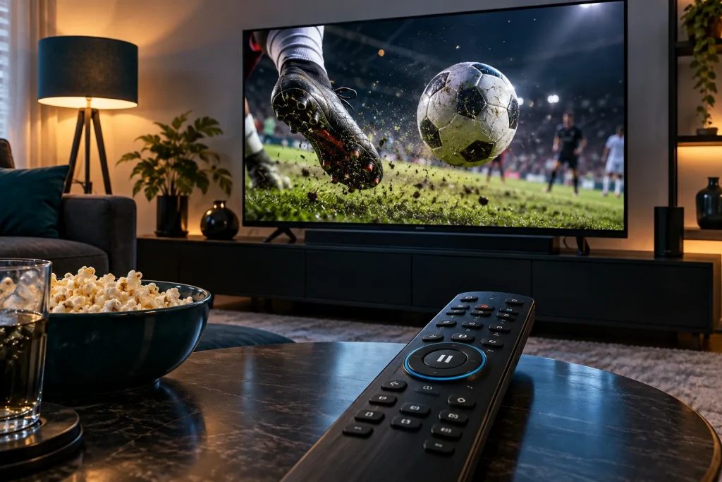 Angehaltene Fußballszene am Fernseher mit Fernbedienung im Vordergrund.