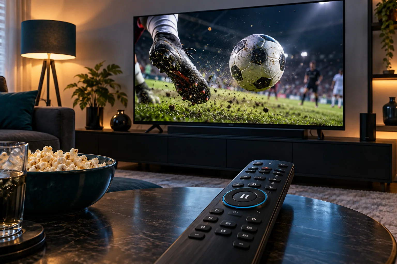 Angehaltene Fußballszene am Fernseher mit Fernbedienung im Vordergrund.