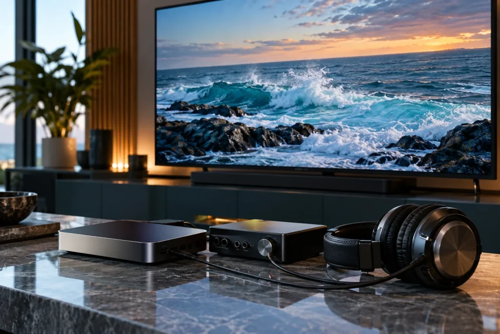 Medienspieler mit Audiointerface, Kabel und Kopfhörer vor einem Fernsehbild.