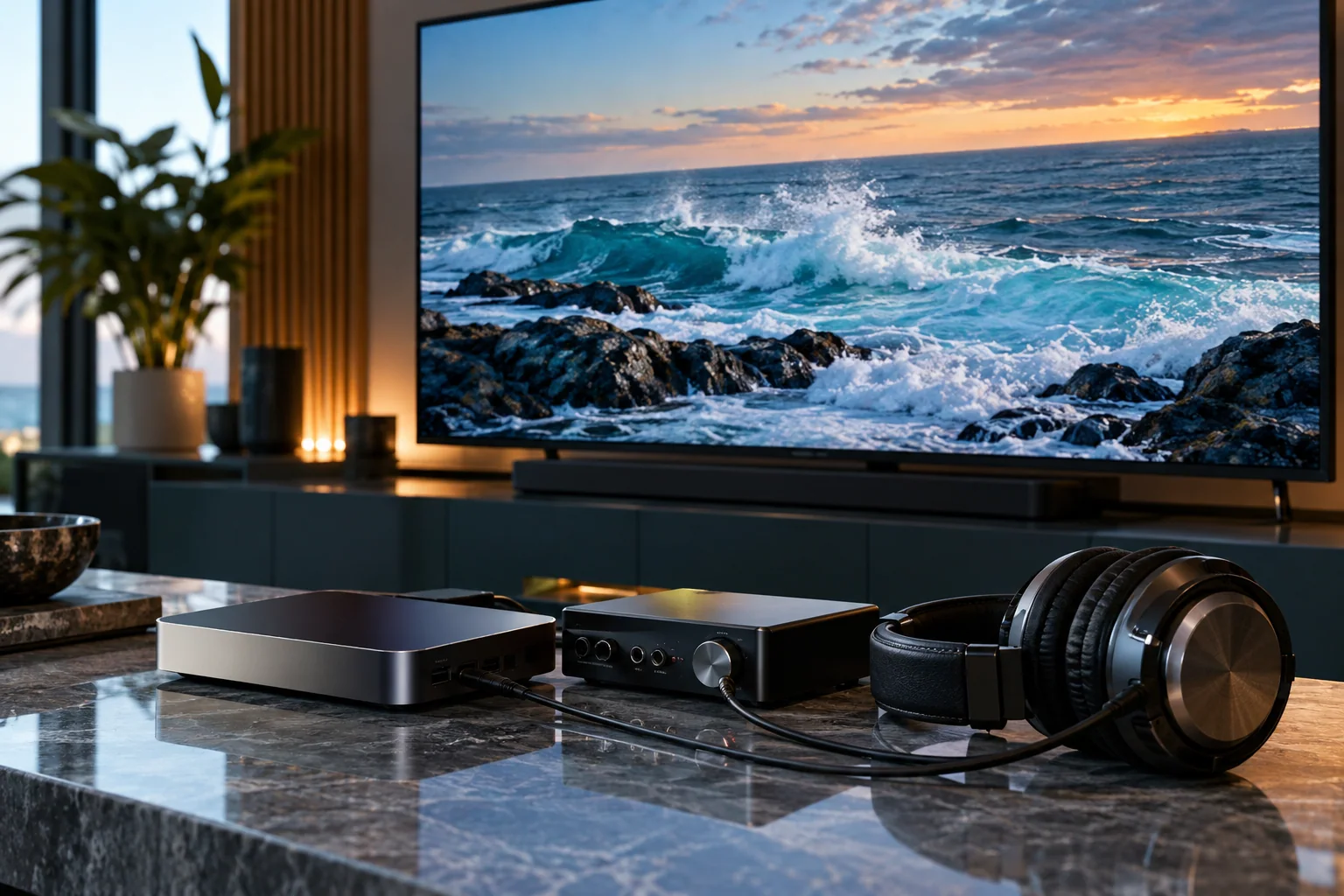 Medienspieler mit Audiointerface, Kabel und Kopfhörer vor einem Fernsehbild.