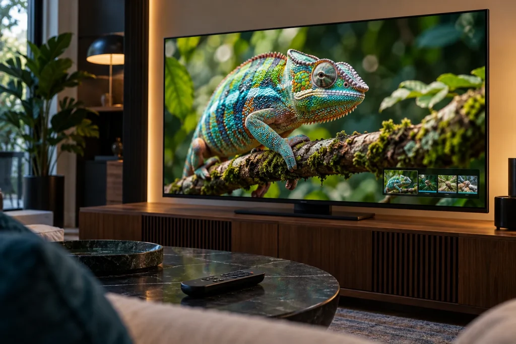 Fernseher mit einem farbigen Chamäleon und einer kleinen Informationsanzeige.